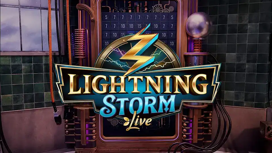 Het officiële logo van de Lightning Storm live game show in de studio.