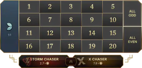 Het inzetbord van Lightning Storm met de unieke Storm Chaser en X Chaser inzetopties.