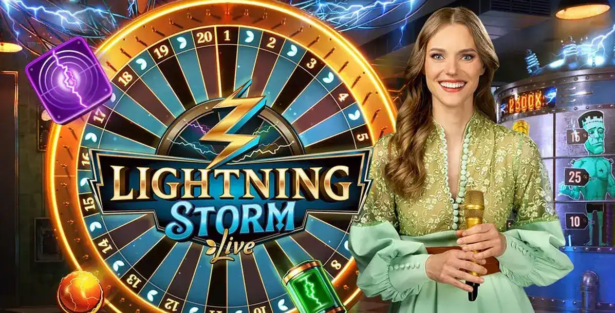 Presentatrice naast het Lightning Storm rad in de live casino studio.