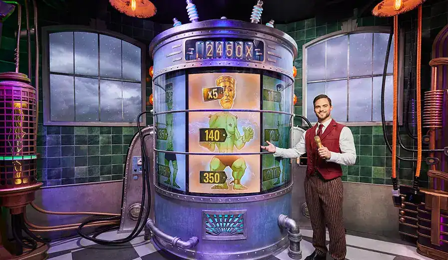 De Monster Mash bonusronde in Lightning Storm met Frankenstein-rollen